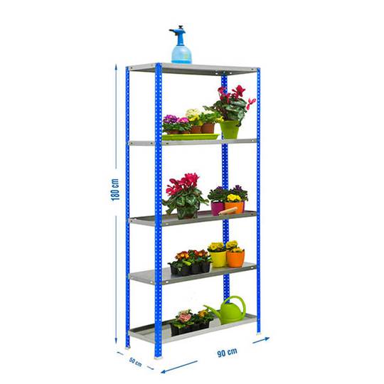 Scaffalatura metallica per stoccaggio Simonrack Garden con 5 ripiani e una dimensione totale di 90 x 50 x 180 cm in colore blu / galva