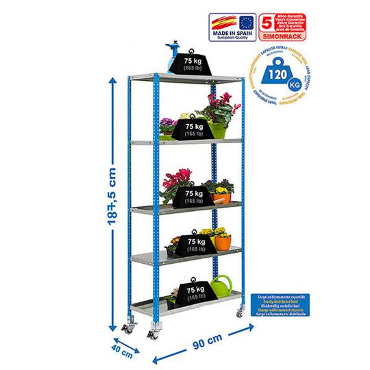 Scaffalatura metallica per lo stoccaggio PrimeMatik Garden con 5 ripiani e una dimensione totale di 90 x 40 x 187,5 cm in colore blu / galva