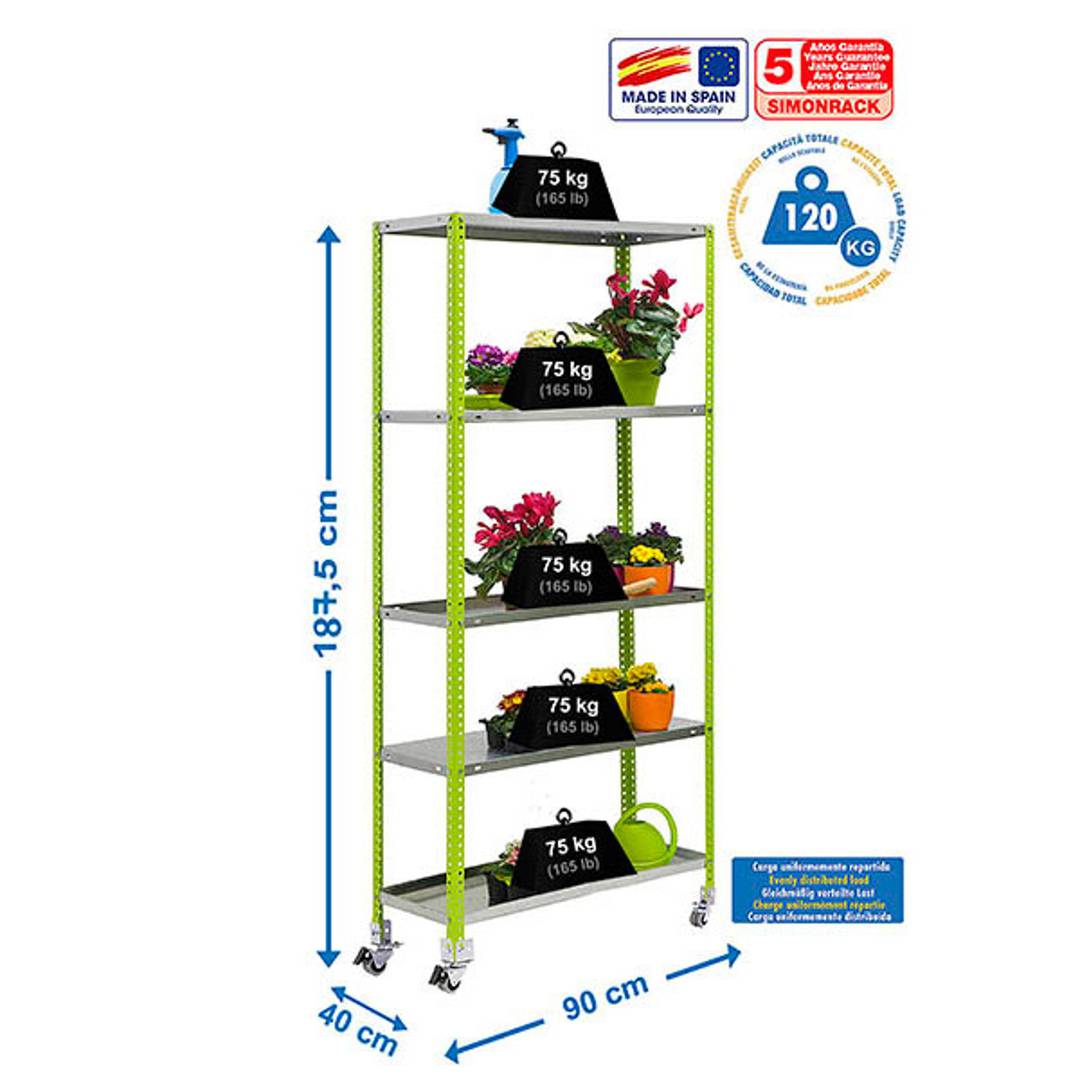 PrimeMatik Garden metalen opbergrek met 5 planken en een totale afmeting van 90 x 40 x 187,5 cm in de kleur groen/gegalvaniseerd