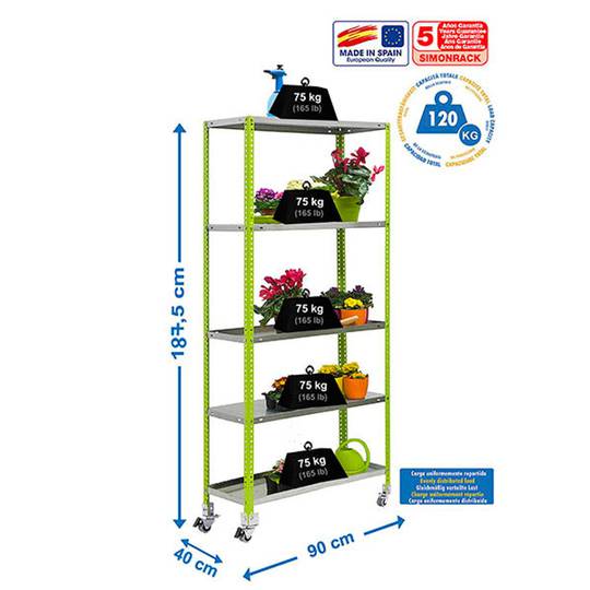 PrimeMatik Garden metalen opbergrek met 5 planken en een totale afmeting van 90 x 40 x 187,5 cm in de kleur groen/gegalvaniseerd