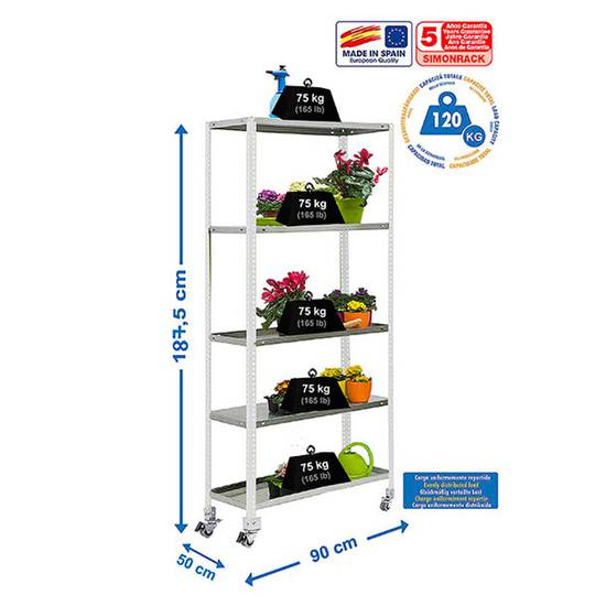 PrimeMatik Garden metalen opbergrek met 5 planken en een totale afmeting van 90 x 50 x 187,5 cm in de kleur wit/gegalvaniseerd