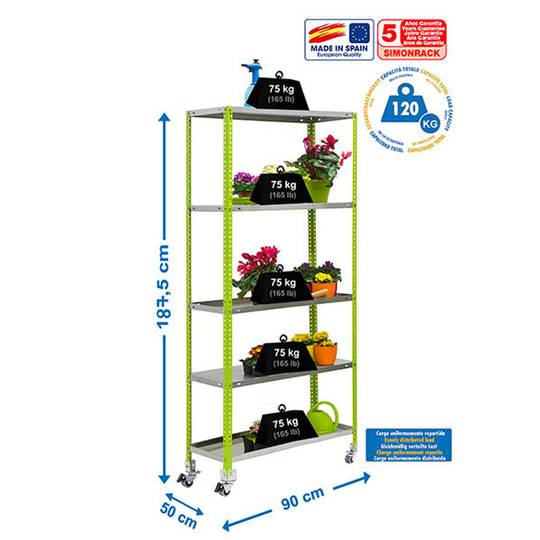 Scaffalatura metallica PrimeMatik Garden con 5 ripiani e una dimensione totale di 90 x 50 x 187,5 cm in colore verde / galva