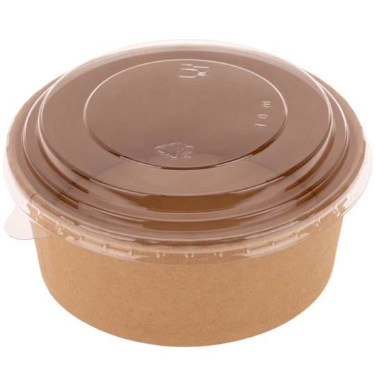 Kraft kartonnen slakommen met recycleerbaar plastic deksel 750mL, 25 stuks.