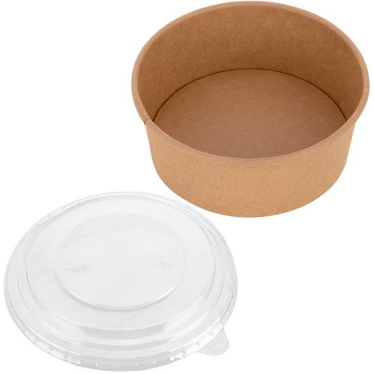 Kraft kartonnen slakommen met recycleerbaar plastic deksel 750mL, 25 stuks.
