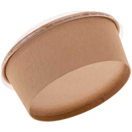 Kraft kartonnen slakommen met recycleerbaar plastic deksel 750mL, 25 stuks.