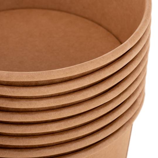 Kraft kartonnen slakommen met recycleerbaar plastic deksel 750mL, 25 stuks.