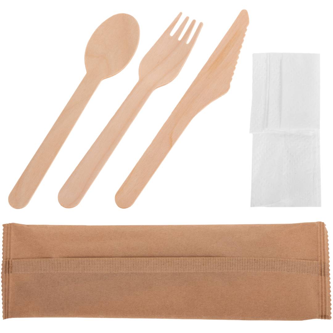 Pack de cubiertos de madera natural biodegradable con servilleta, 25 unidades