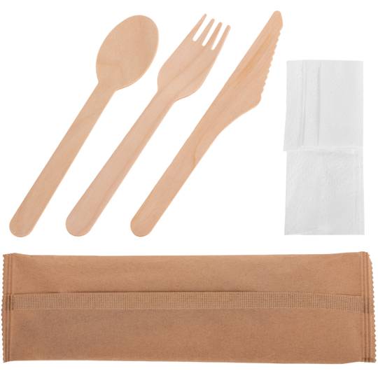Pack de cubiertos de madera natural biodegradable con servilleta, 25 unidades