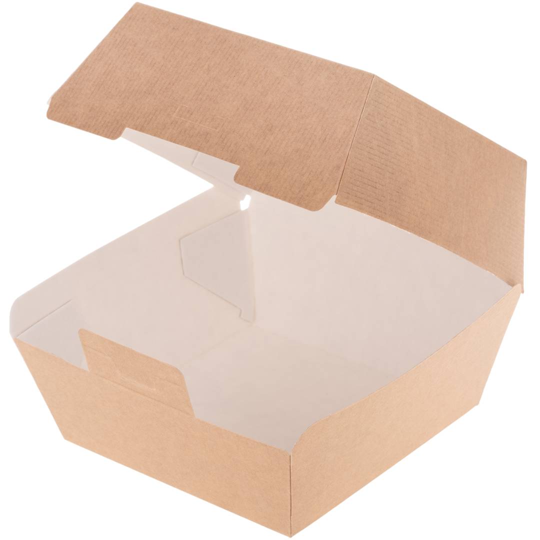Pack of 50 corrugated brown biodegradable cardboard hamburger holders 14.4 x 13.6 x 9.2 cm