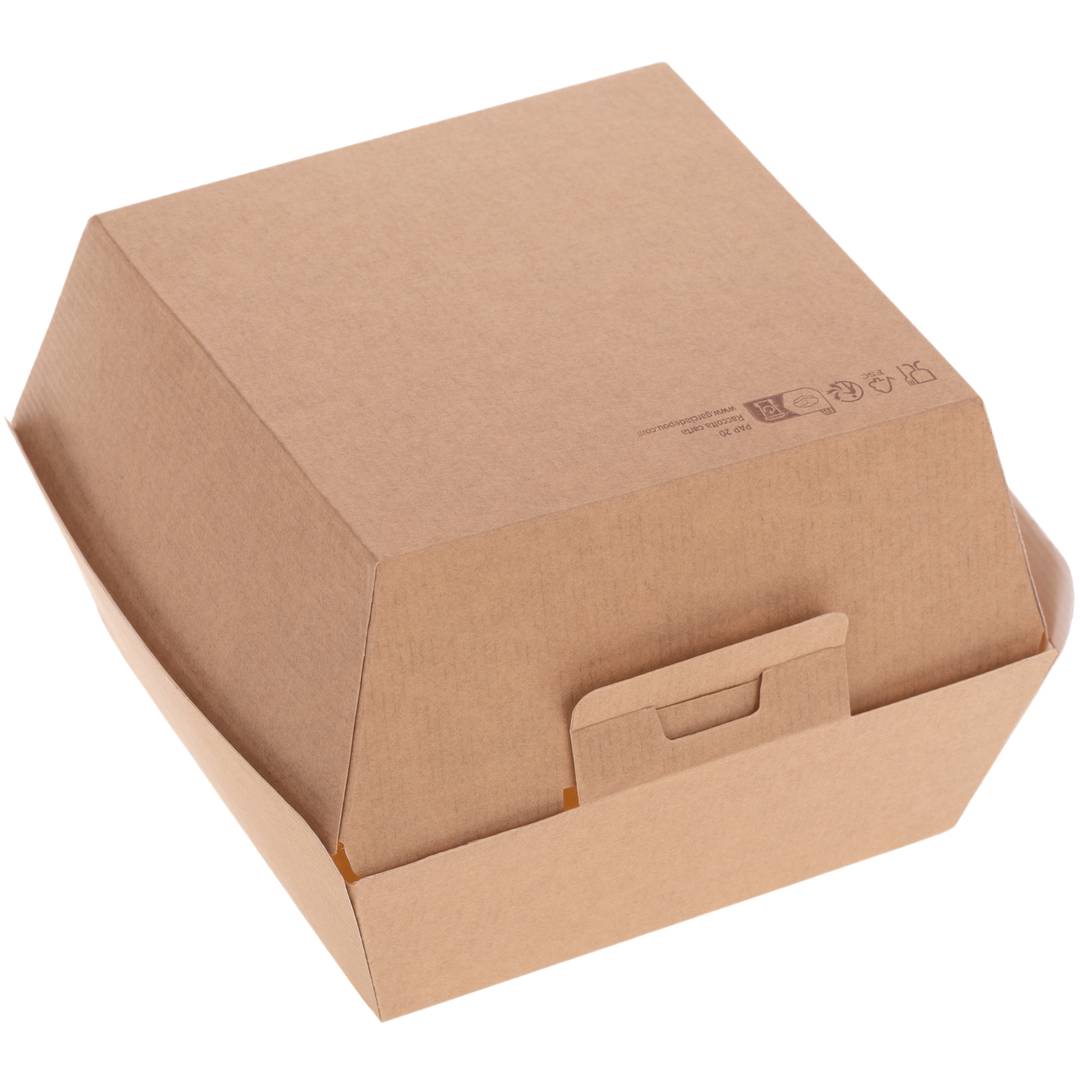 Pack of 50 corrugated brown biodegradable cardboard hamburger holders 14.4 x 13.6 x 9.2 cm