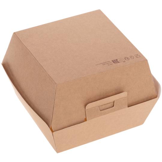 Pack of 50 corrugated brown biodegradable cardboard hamburger holders 14.4 x 13.6 x 9.2 cm