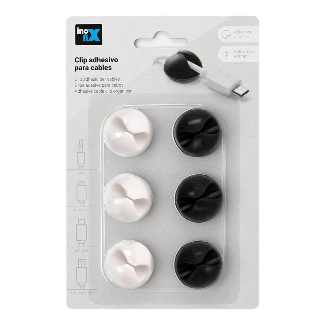 Pack de 6 unités Clip organisateur de câble adhésif noir et blanc