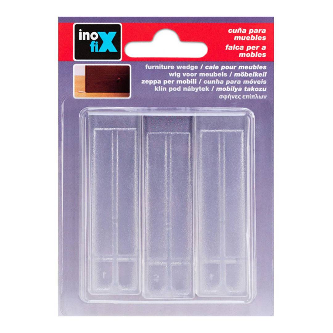 Pack de 3 unitats falca de plàstic transparent per anivellar mobles i retenció de portes Inofix