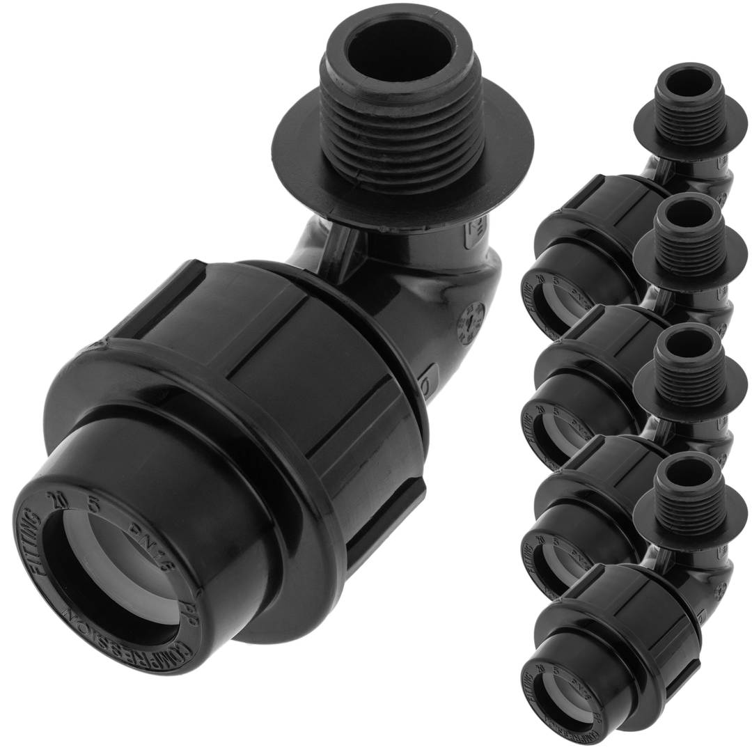 Embalagem com 5 unidades terminal rosca macho angulado de polietileno 20 mm x 1/2“ para sistema de irrigação