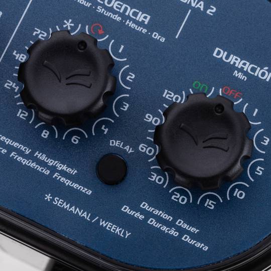 Programador electrònic d'aixeta amb doble sortida per a reg