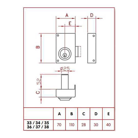 Serratura da cerchio con ingresso con chiave da 70 mm mano destra JIS 35-7D