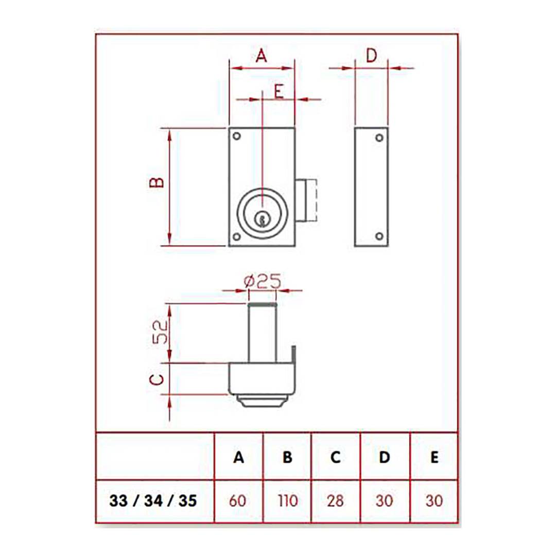 Cerradura de sobreponer solo llave de entrada de 60mm mano derecha JIS 33-6D