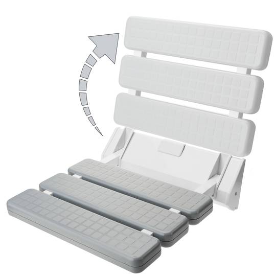 Składane siedzisko prysznicowe. Szare i plastikowe krzesło składane dla osób starszych 320x328mm