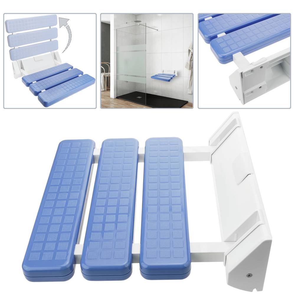 Assento de banho dobrável. Cadeira de chuveiro para idosos em plástico e alumínio azul 320x328mm