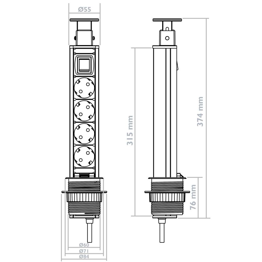 Retractable tower power strip with 4 sockets schuko 16 A 250 V with switch
