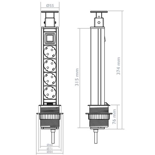Retractable tower power strip with 4 sockets schuko 16 A 250 V with switch