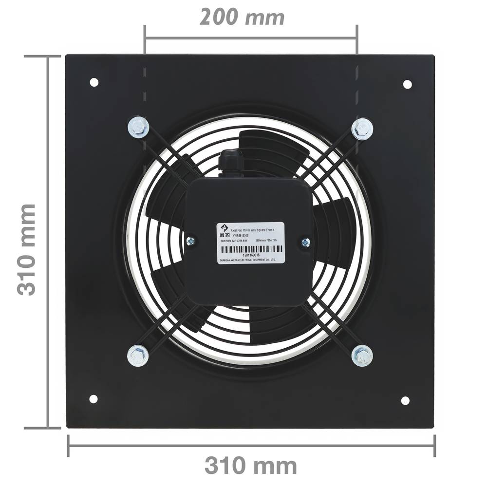 Estrattore d'aria a muro di 200 mm per la ventilazione industriale 2550 rpm quadrati 310x310x48 mm