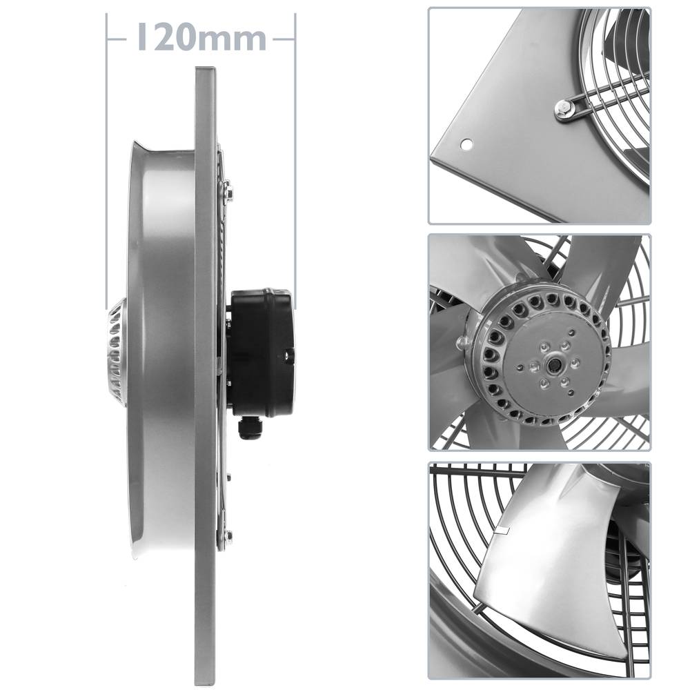 Extractor de aire de pared de 200 mm para ventilación industrial 2550 rpm cuadrado 310x310x48 mm plateado