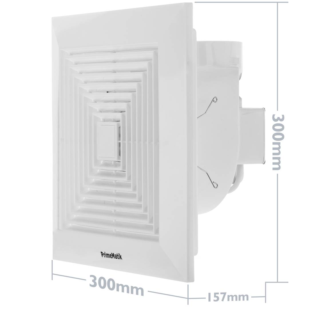 Exaustor, extrator de ar 250x250 mm, com grelha e válvula anti-retorno com saída extra plana de 90 graus