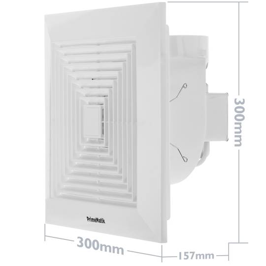 Exaustor, extrator de ar 250x250 mm, com grelha e válvula anti-retorno com saída extra plana de 90 graus