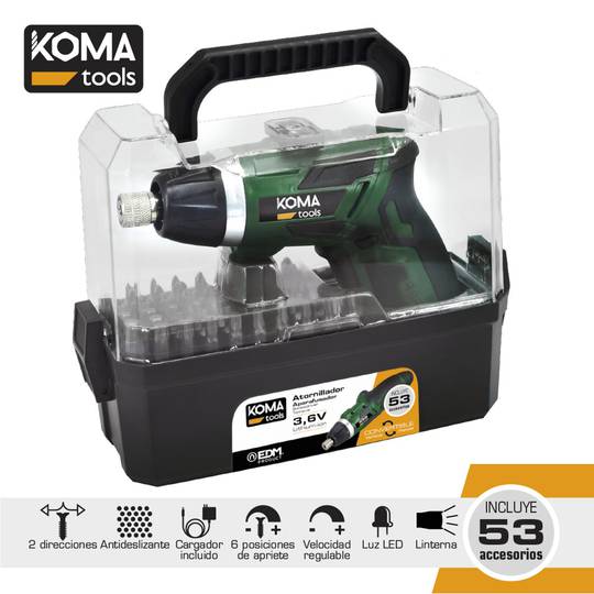 KOMA Tools 08723 Dwustronny wkrętak litowy 3,6 V z 1300 mA i 53 akcesoriami 17,5x14,8cm