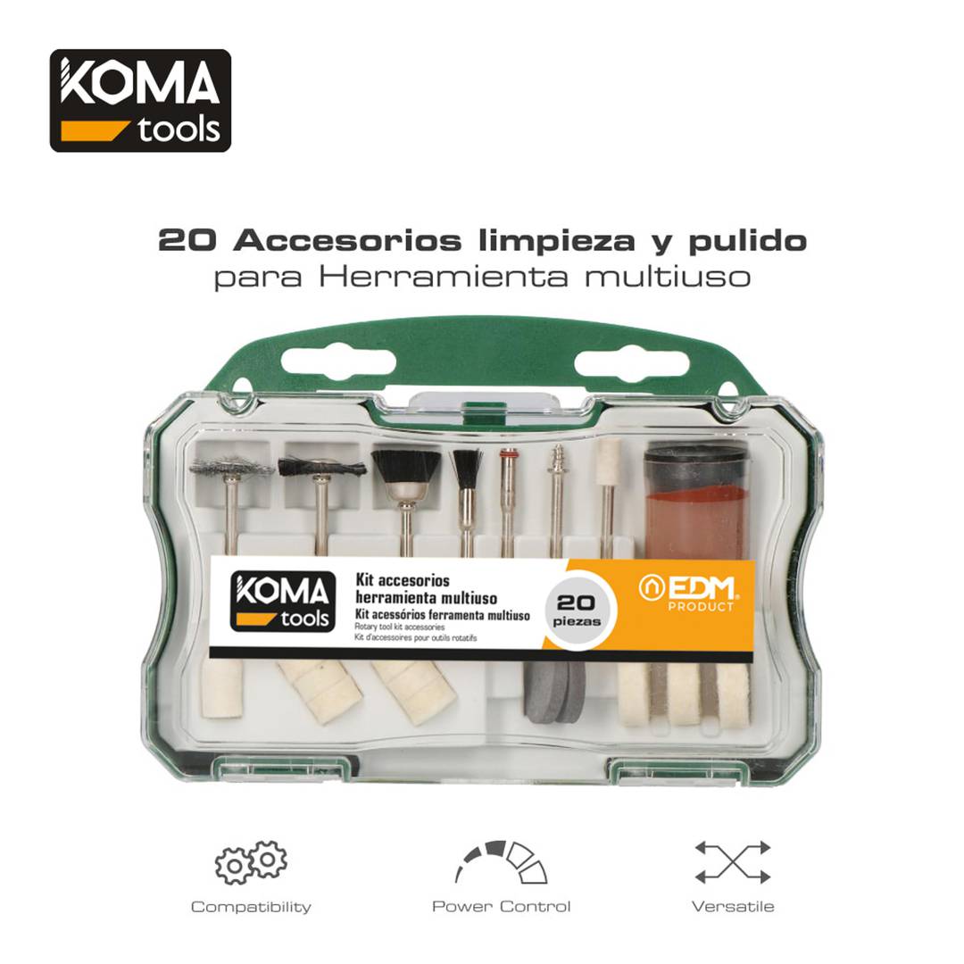 Pack de 20 accesorios para mini herramienta multiusos rotativa KOMA Tools 08735