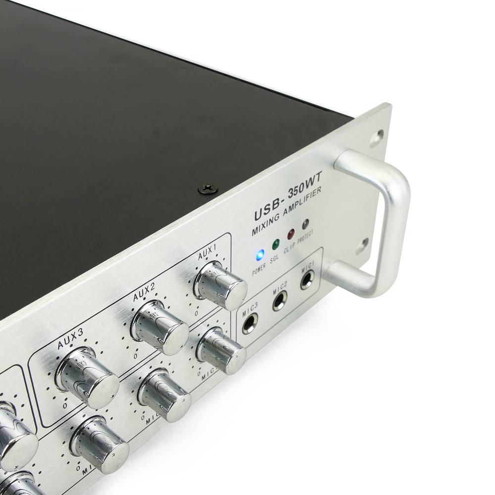 Amplificador de som profissional 350W 110V 4 zonas com MP3 AUX MIC rack