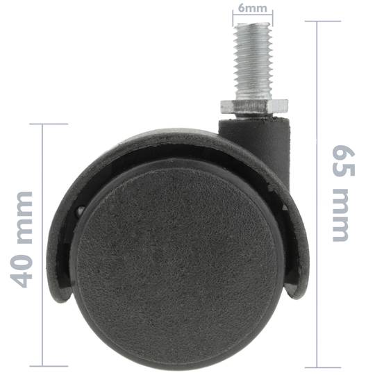 Draaibaar nylon wiel zonder rem 40 mm M6 4-pack