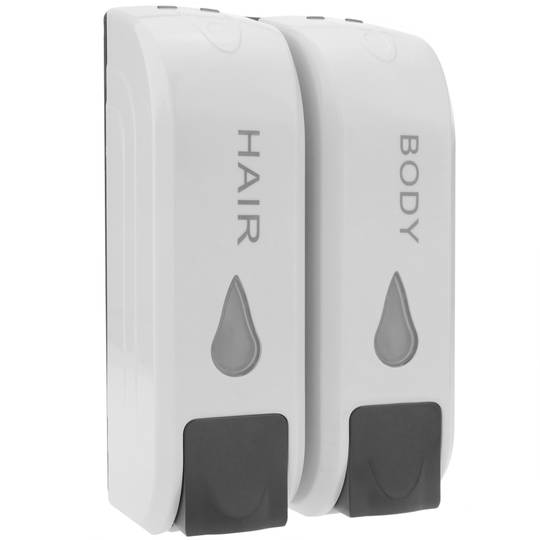 Soap dispenser for wallmount. 2 x refillable shower pump