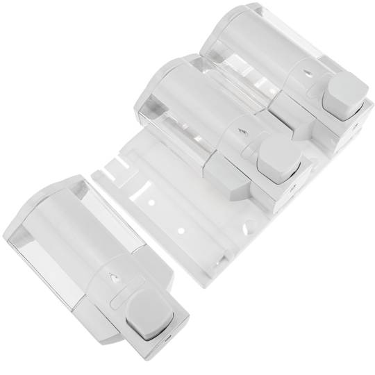 Soap transparent dispenser for wallmount. 3 x refillable shower pumps