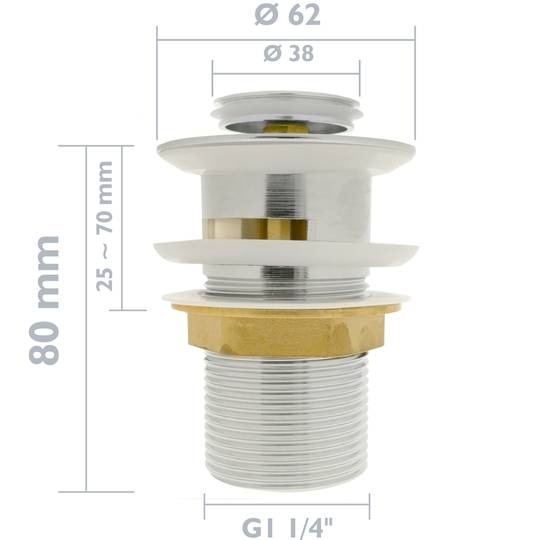 Válvula de desagüe 8cm con rebosadero. Tapón para lavabo y baño universal G1-1/4 cromado