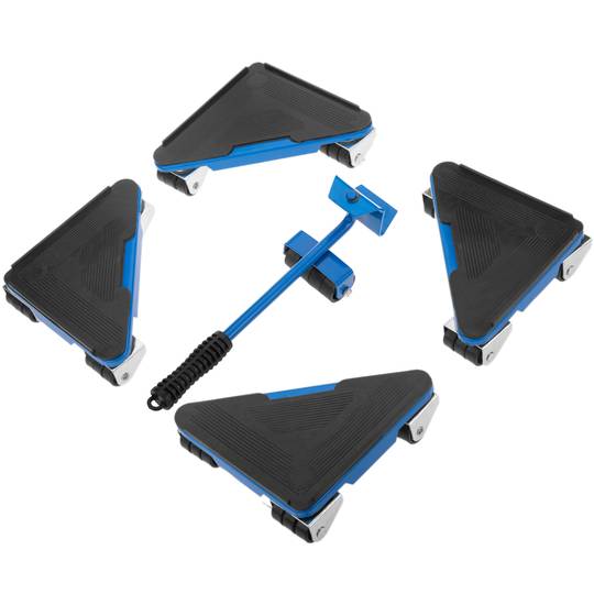 Sollevatore e trasportatore di mobili fino a 300 Kg, set di 4 piattaforme metalliche con ruote girevoli a 360º e 1 sollevatore
