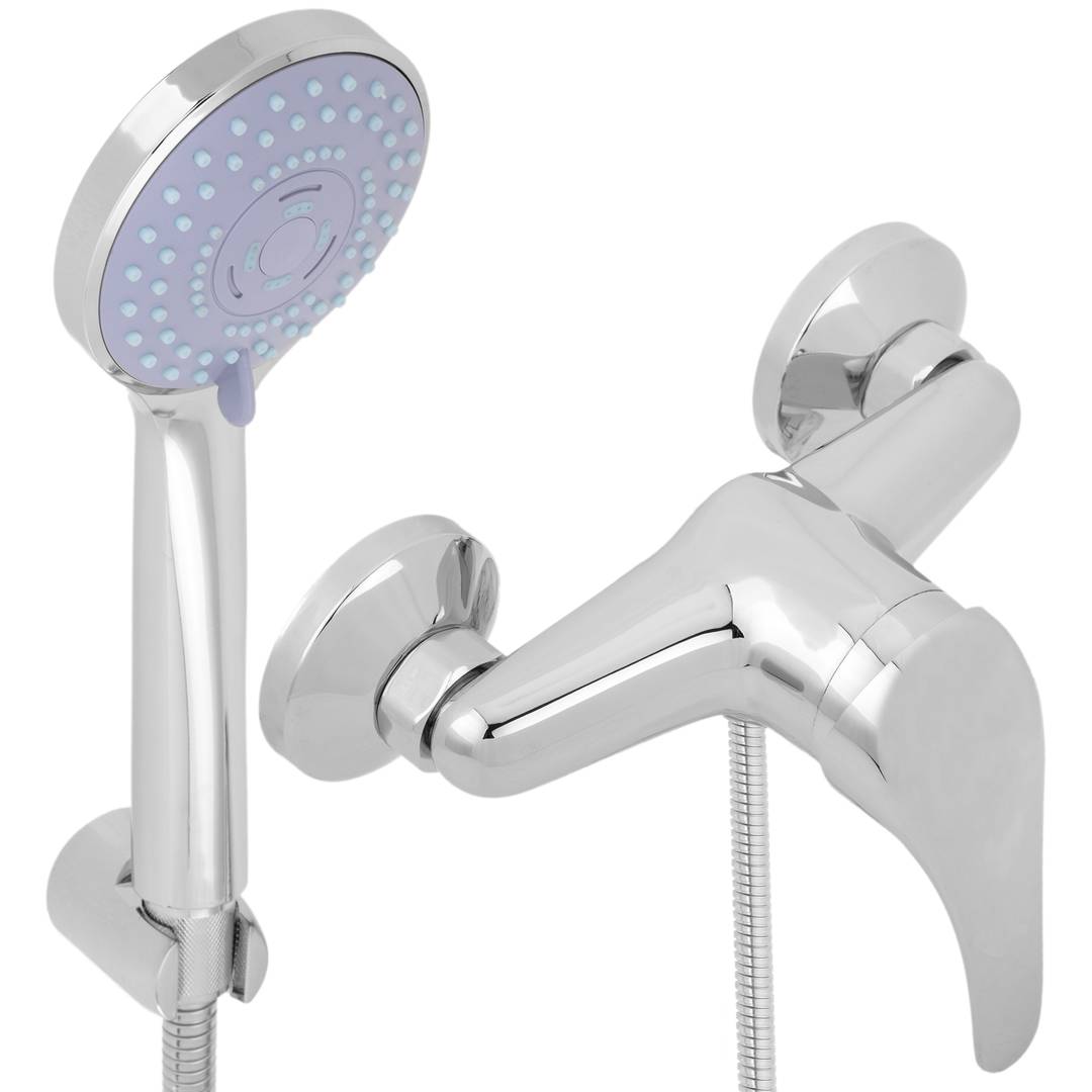 Kit de robinet de douche vertical à une poignée en chrome à économie d'eau avec  pommeau de douche, support et tuyau - Cablematic