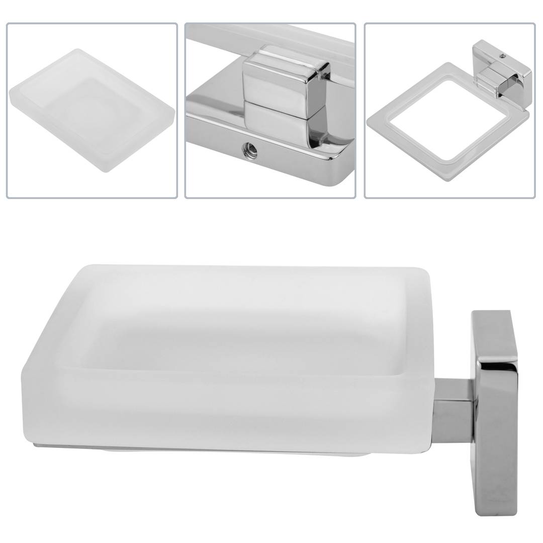 Soporte cromado de pared para jabón con plato de cristal translúcido modelo Ever