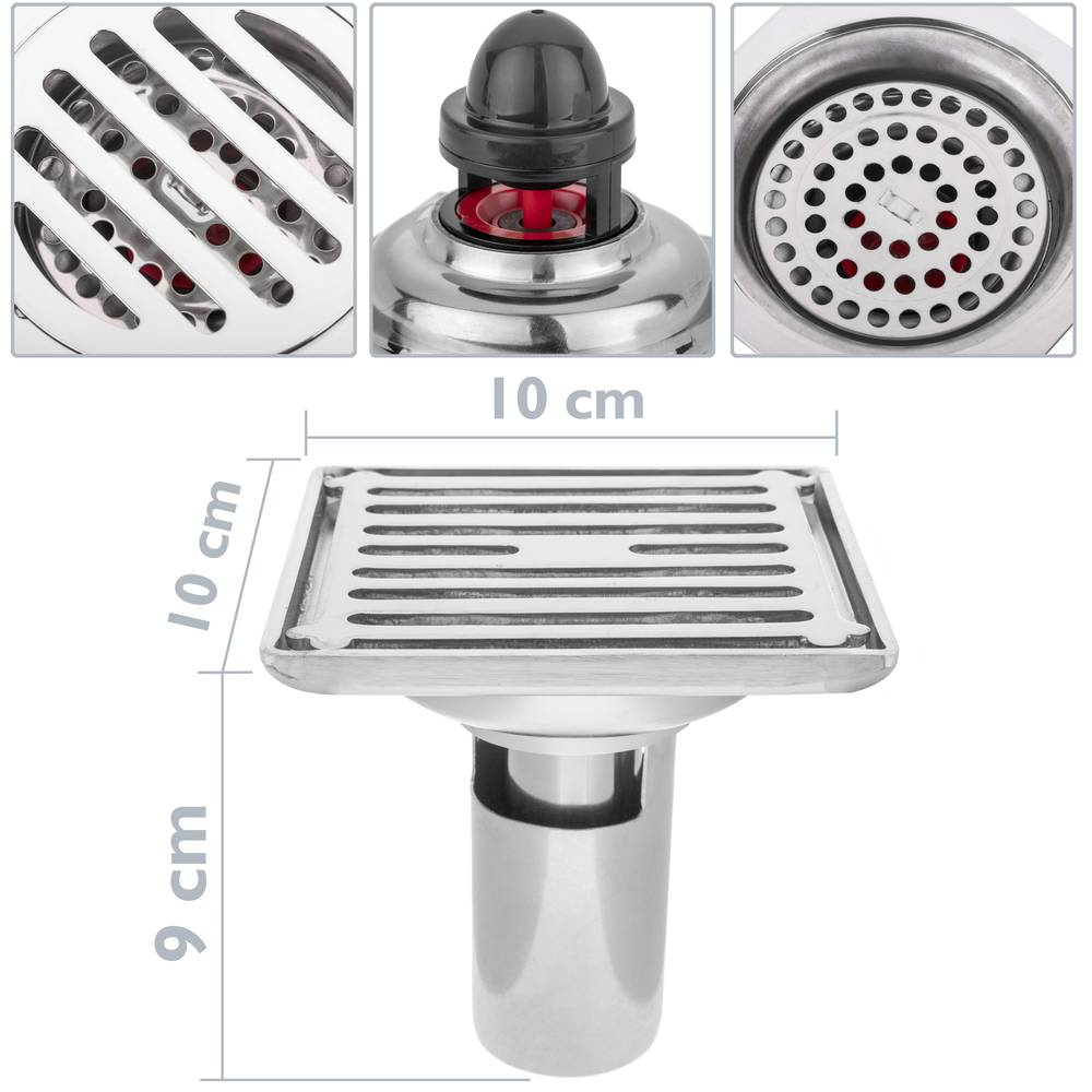 Drain 10x10cm avec valve 9 cm et grille amovible en acier inoxydable poli