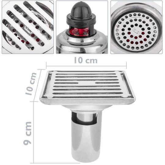 Drain 10x10cm avec valve 9 cm et grille amovible en acier inoxydable poli