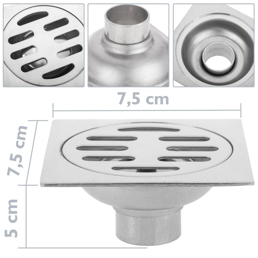 Drain 7.5x7.5cm avec casquette et grille amovible en acier inoxydable poli