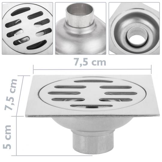 Drain 7.5x7.5cm avec casquette et grille amovible en acier inoxydable poli