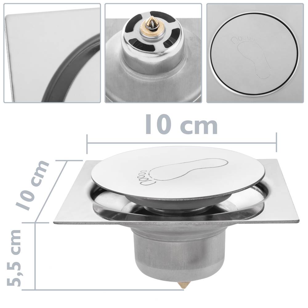 Drain en acier inoxydable poli 10x10cm avec prise de pulsation