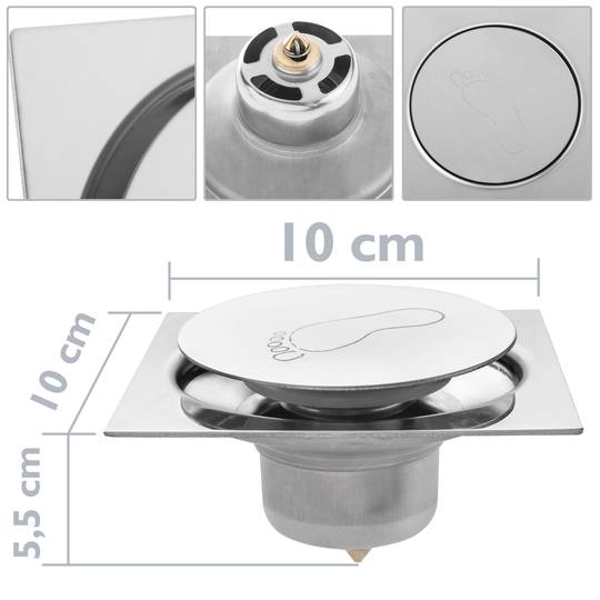 Drain en acier inoxydable poli 10x10cm avec prise de pulsation