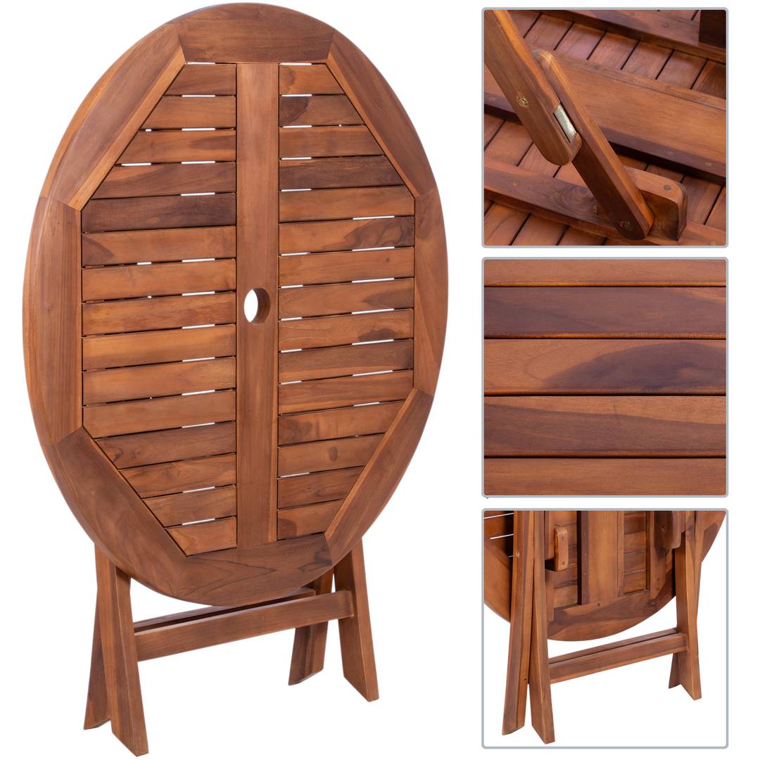 Mesa redonda 90 cm plegable para jardín exterior de madera de teca  certificada - Cablematic