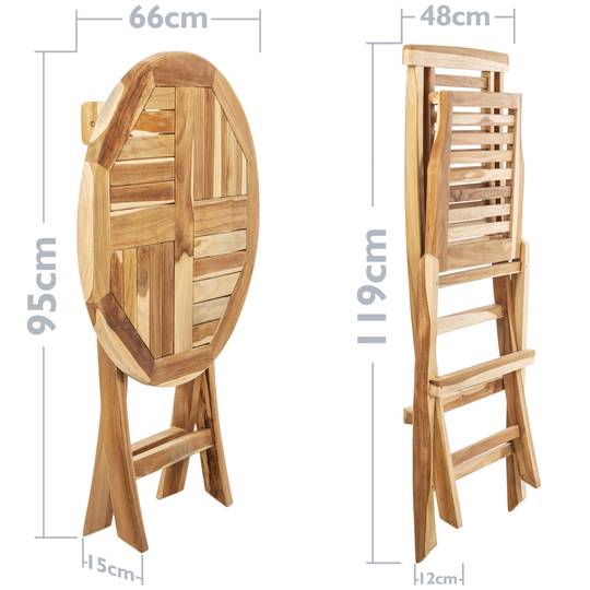 Set ronde tafel 66 cm en 2 stoelen voor buitentuin in gecertificeerd teakhout