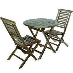 Set di tavolo rotondo 80 cm e 2 sedie per giardino esterno in legno di teak certificato