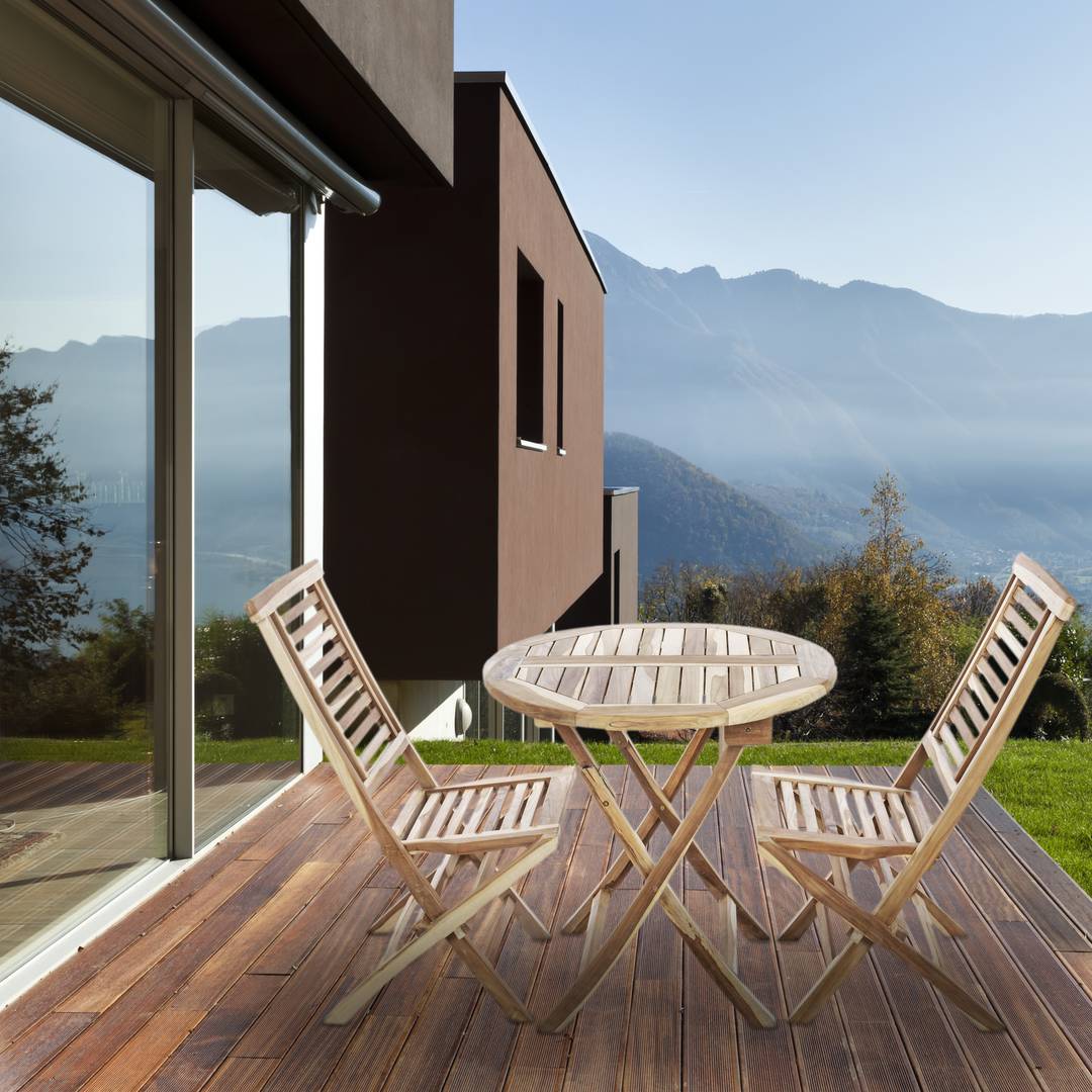 Conjunto de mesa redonda 80 cm y 2 sillas para jardín exterior de madera de  teca certificada - Cablematic
