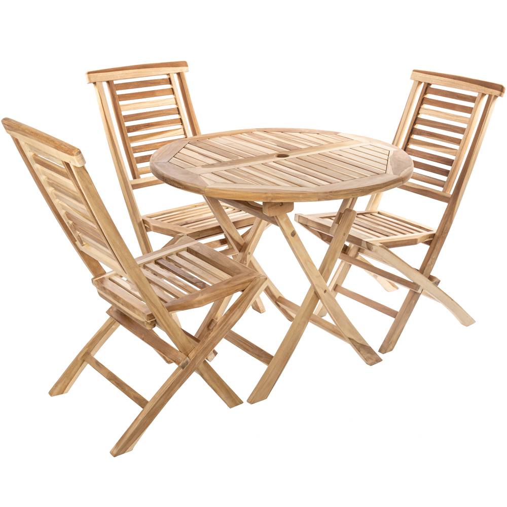 Table ronde 90 cm et 3 chaises pour jardin d'extérieur en bois de